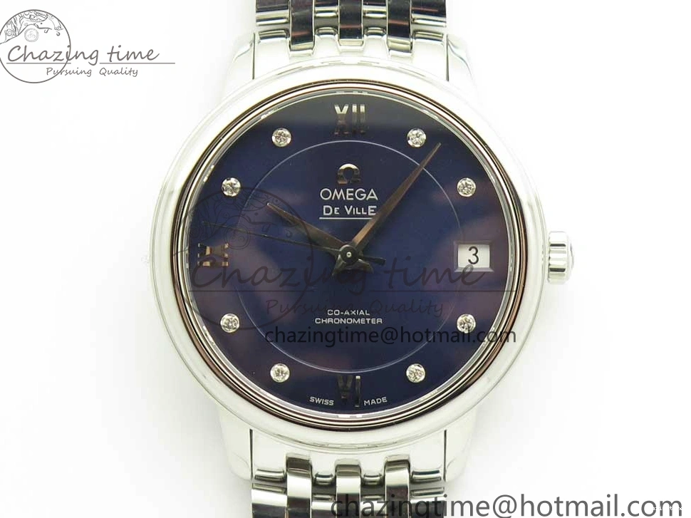 0105 TopPick De Ville Prestige Ladies 32.7mm SS MKF 1:1 Best Edition Blue Dial Diamonds Markers on SS Bracelet MIYOTA 7972